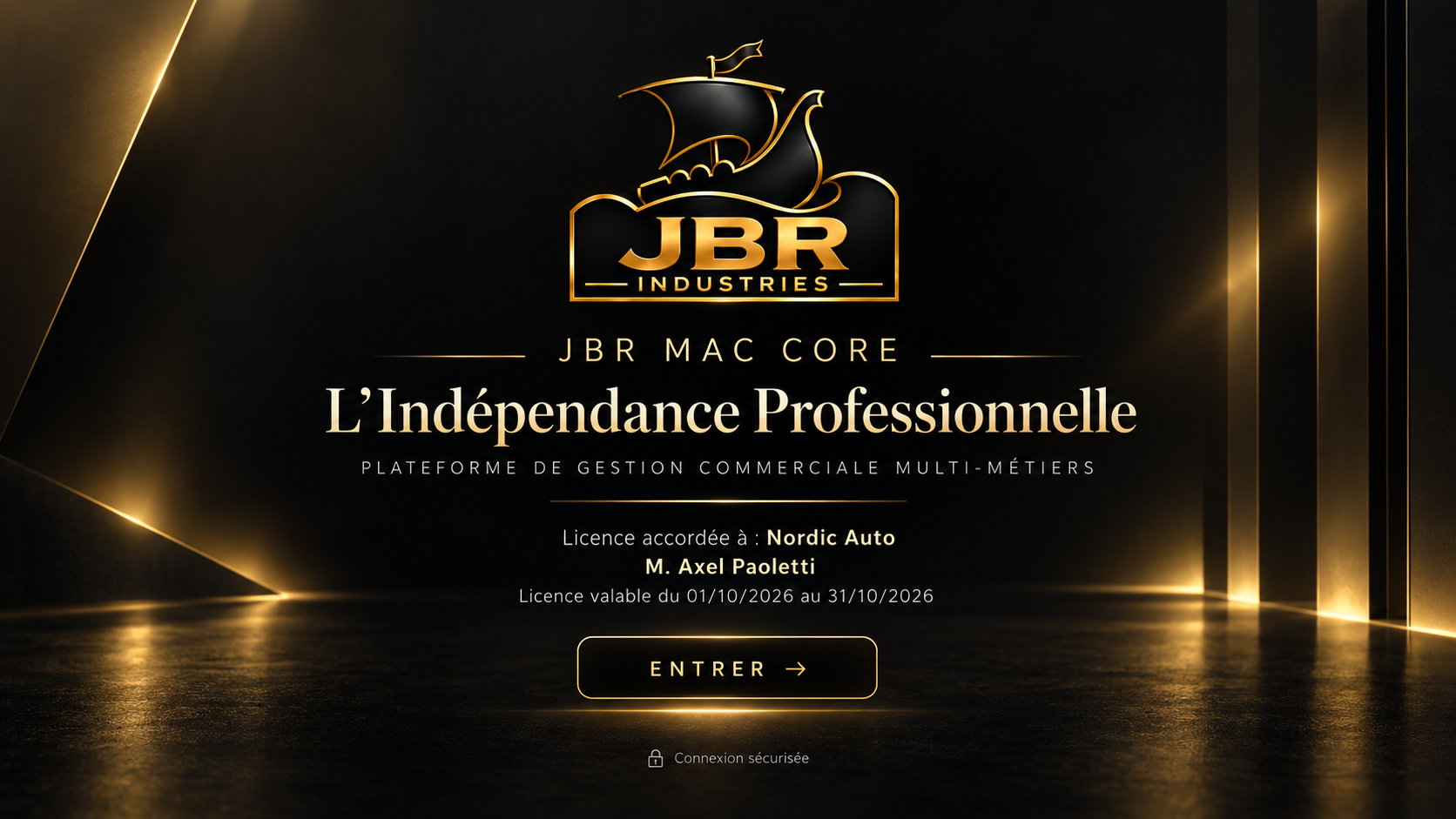 JBR Industries — JBR MAC CORE — L’Indépendance Professionnelle — Plateforme de gestion commerciale multi-métiers — Licence accordée à Nordic Auto, M. Axel Paoletti, du 01/10/2026 au 31/10/2026 — Connexion sécurisée